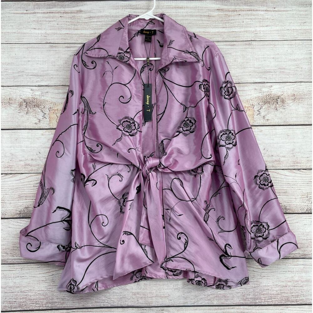 Jerry T Floral Embroidered Tie Front Kimono Top Women's XXL Pink/Black‎ NEW